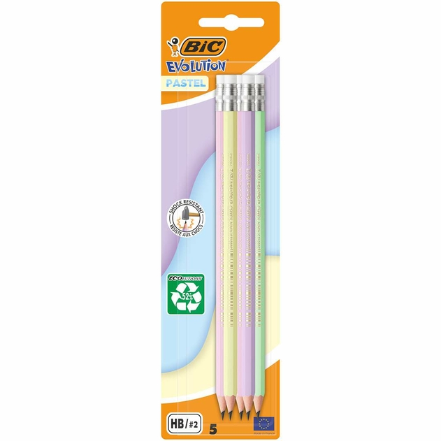 BIC Evolution Pastel Eraser Tipped HB Pencils (Pack of 5)