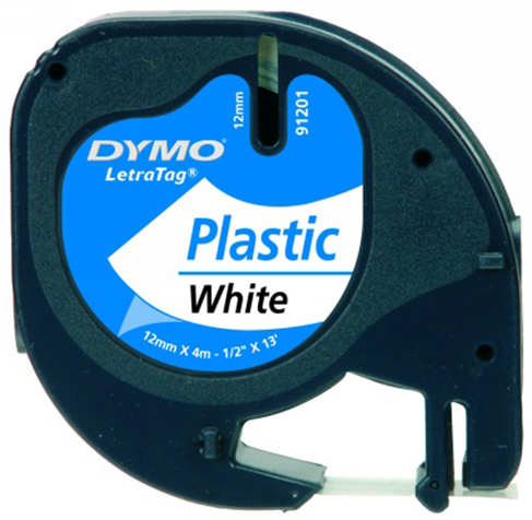 8 x  GENUINE DYMO LETRATAG WHITE PLASTIC TAPES 91201 12mm.x 4m.