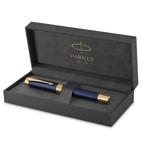 Parker Duofold Prestige Blue Chevron Fountain Pen with 23K Gold Trim,  Medium Nib, Black Ink