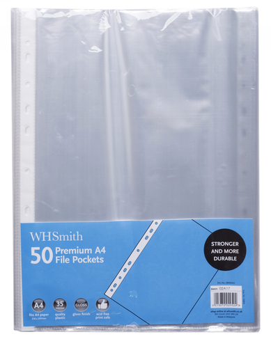 WHSmith Premium Gloss A4 File Pockets Acid Free Print Safe Pack of 50