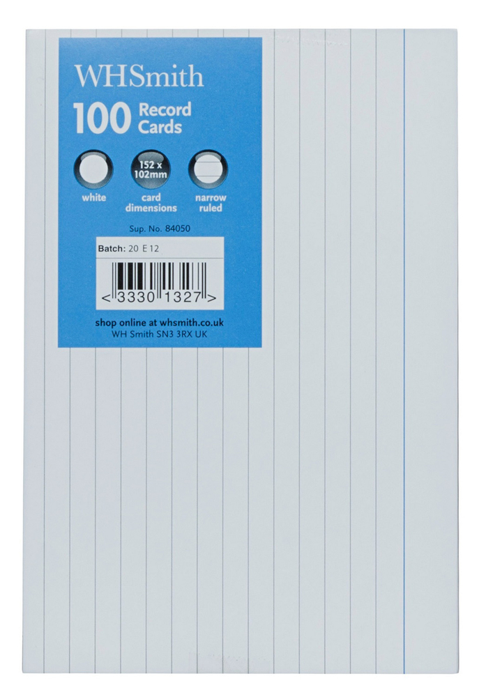 WHSmith White 6 x 4 (15 x 10cm) Ruled Record Cards (Pack of 100) | WHSmith