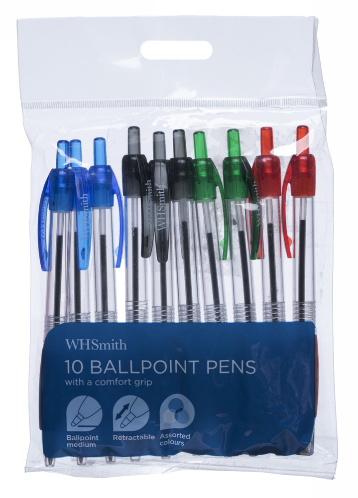 WHSmith Ballpoint Pens, Medium Nib, Assorted Ink (Pack of 10) WHSmith