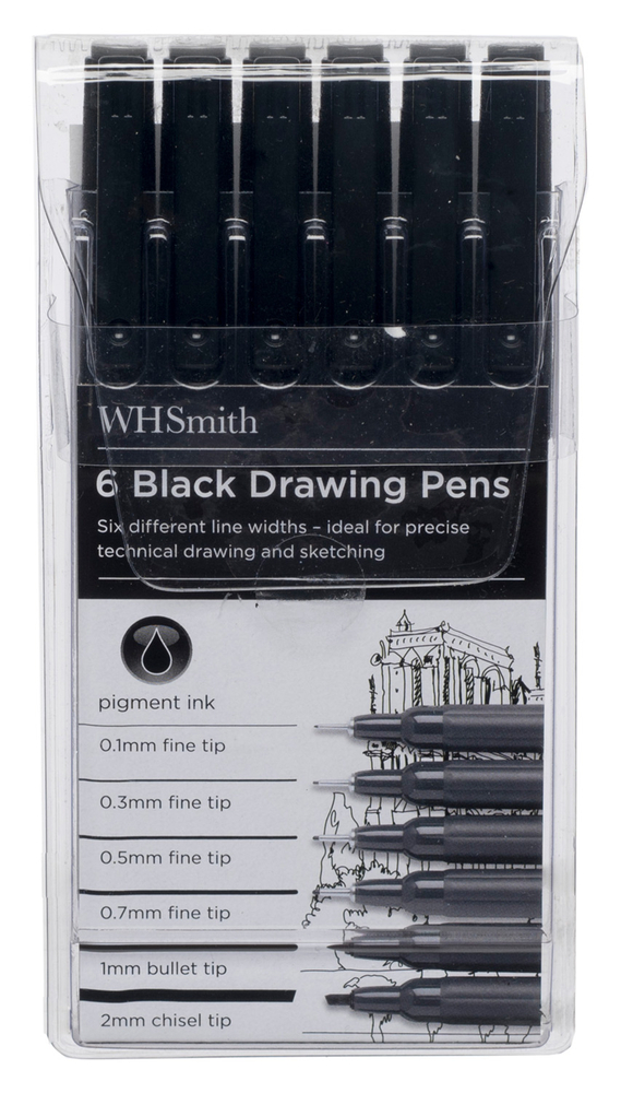 WHSmith Drawing Pens, Black Ink (Pack of 6) WHSmith