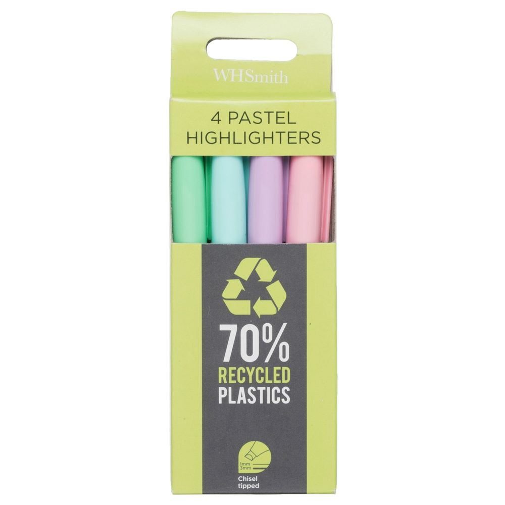 WHSmith Recycled Chisel Tipped Pastel Highlighters (Pack of 4) WHSmith